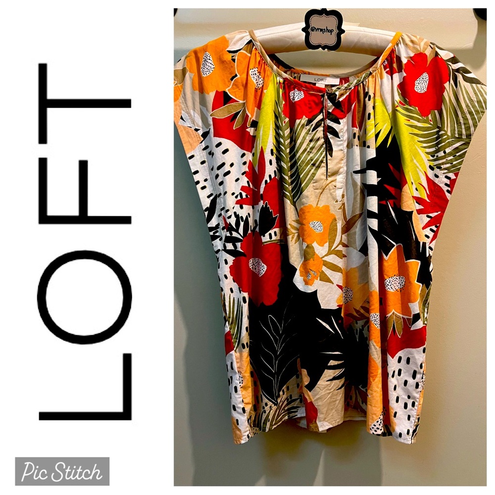LOFT Tropical print top, Henley w/button closure, dolman sleeves, Sz XL